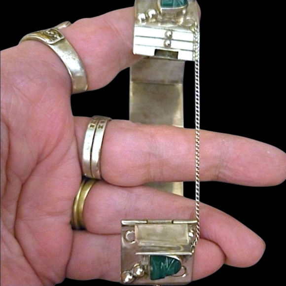 Vintage Solid 925 Sterling Silver Iguala Signed Mexico Bracelet Malachite - Picture 4 of 7